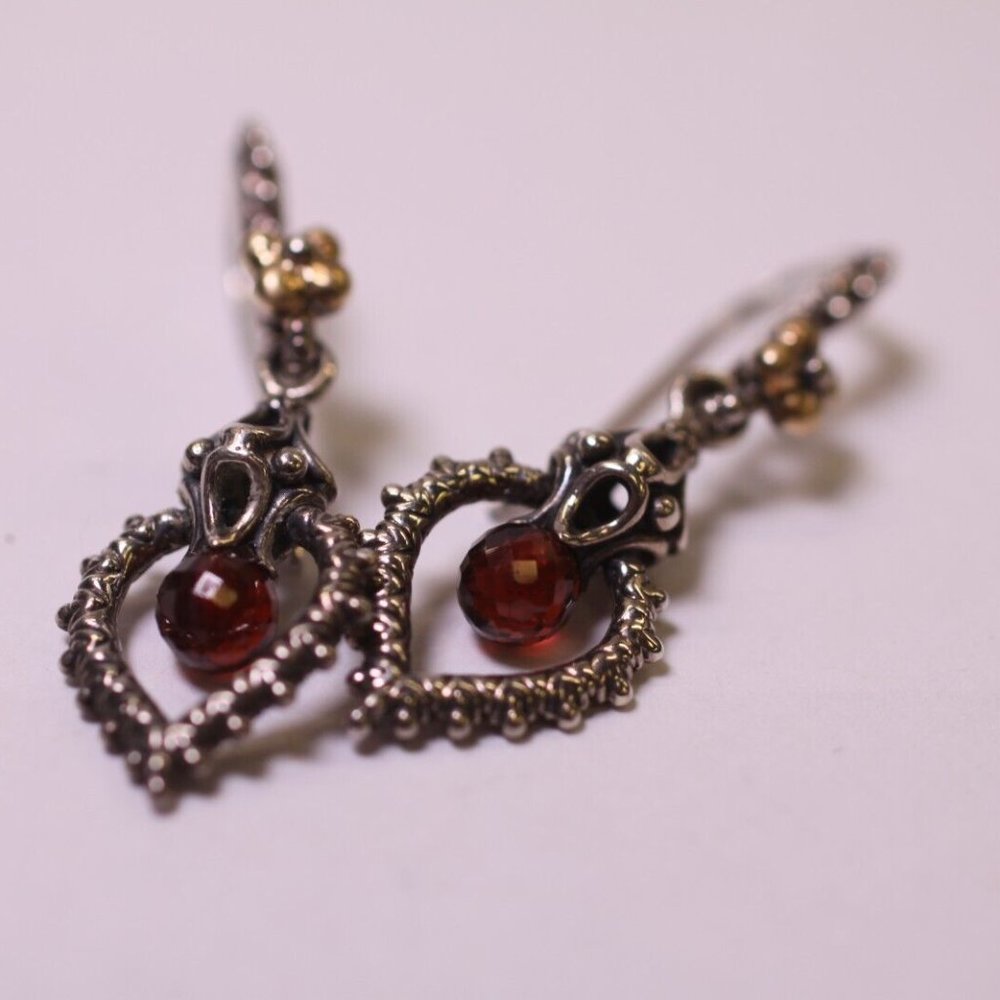 Barbara Bixby Garnet 18K Sterling Heart Shaped Textured Dangle Earrings (R756)